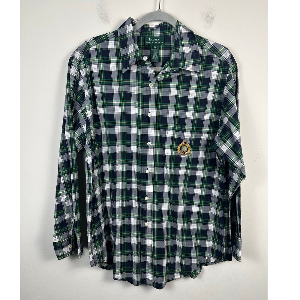 Lauren Ralph Lauren Plaid Crest Shirt Women 14 Blue Excellent Vintage Button Up